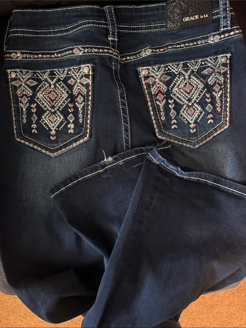 Grace in LA Dark Indigo Bootcut Jeans with Embroidered Pockets